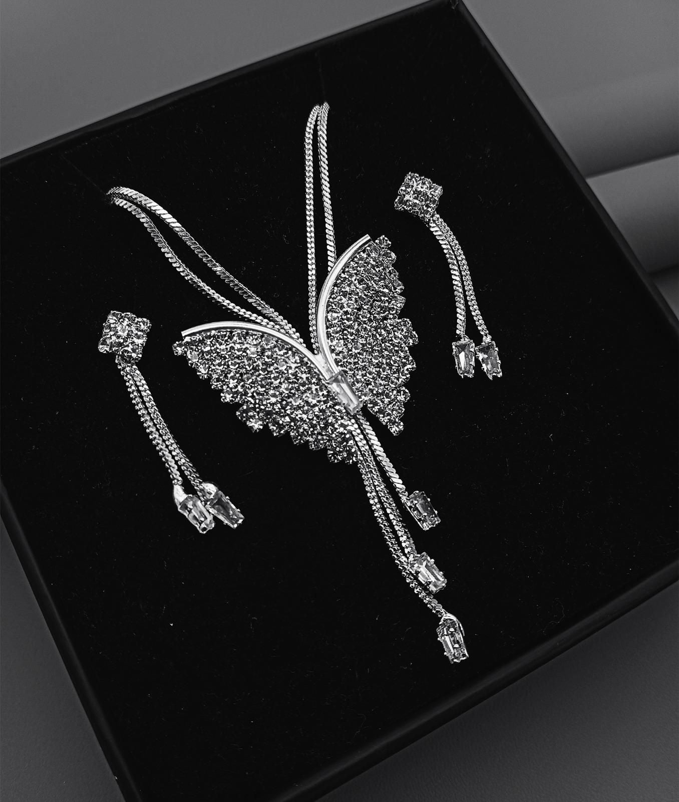 Silver Butterfly Pendant Necklace & Earrings Set