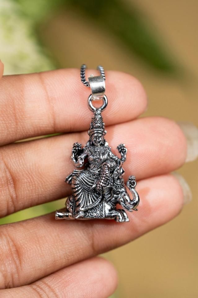 Laxmi on Hatiji Oxidized Silver Pendant with Chain