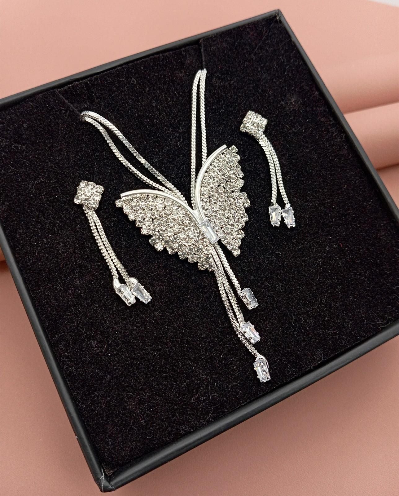 Silver Butterfly Pendant Necklace & Earrings Set