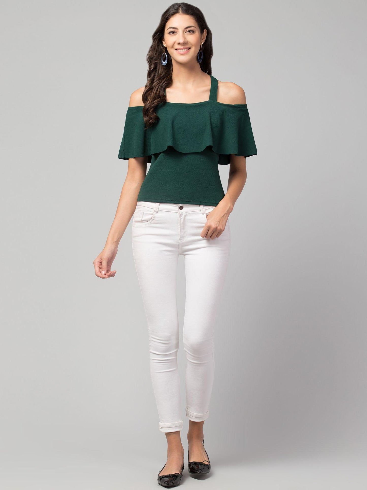 Women’s Cold-Shoulder Green Cotton Blend Top