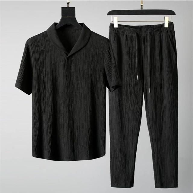 Men’s Crinkled Cotton Co-Ord Set – Black