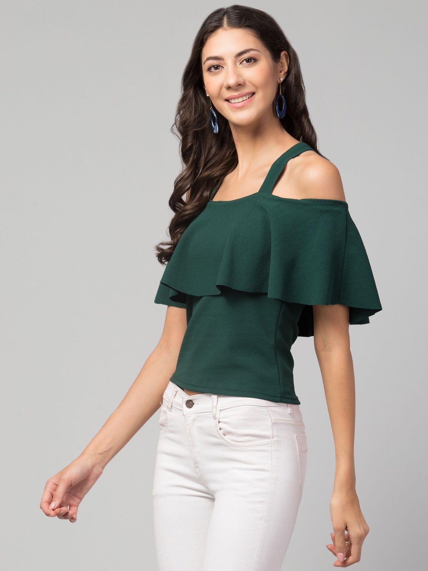 Women’s Cold-Shoulder Green Cotton Blend Top