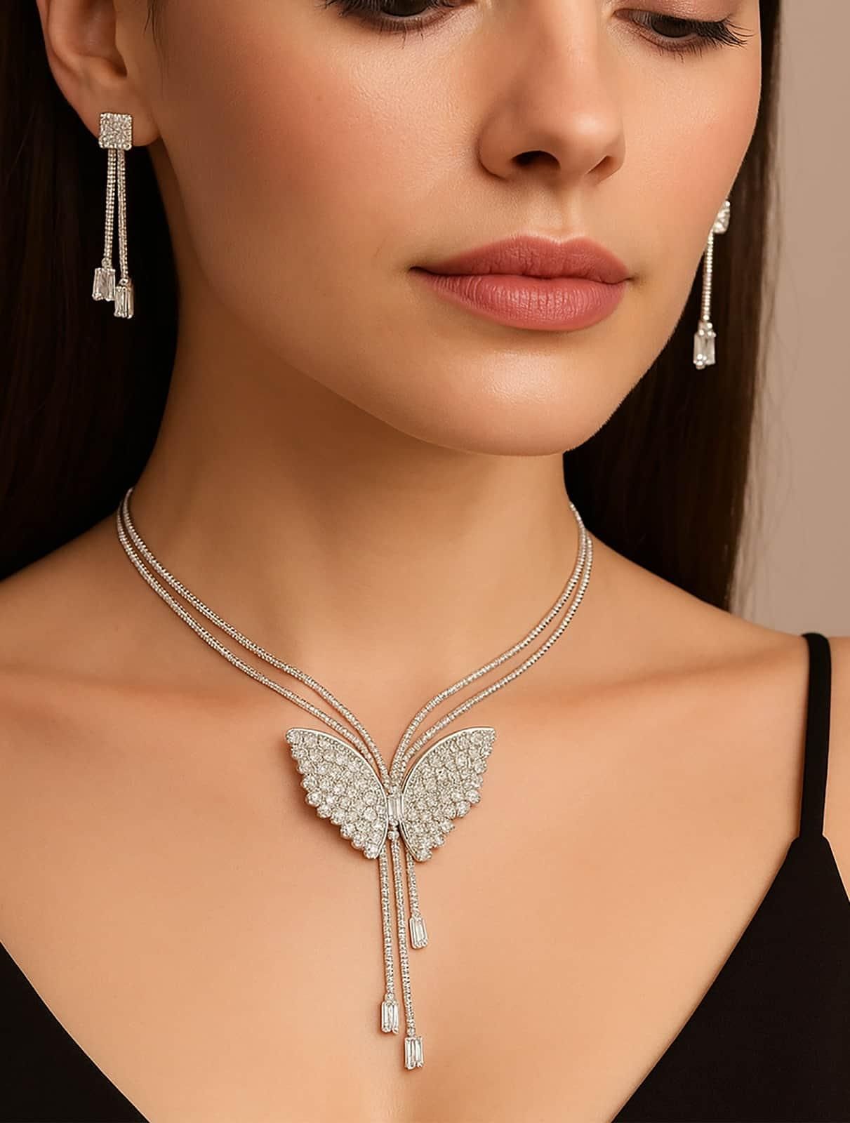 Silver Butterfly Pendant Necklace & Earrings Set